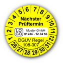 Nächster Prüftermin DGUV Regel 108-007, gelb, mit Wunschtext