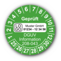 Geprüft DGUV Information 208-043, grün, mit Wunschtext