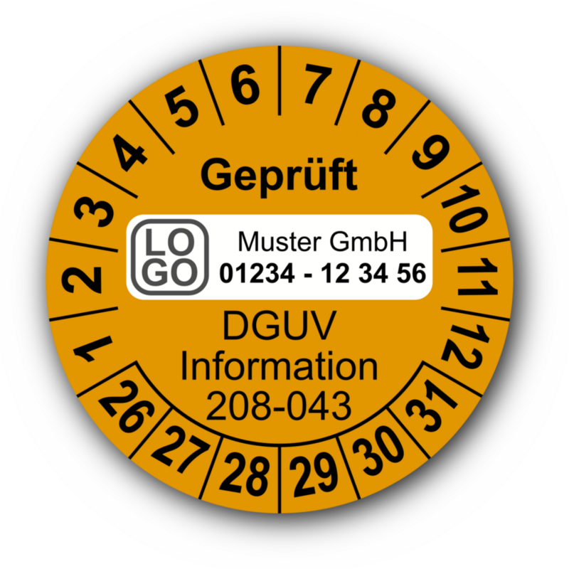 Geprüft DGUV Information 208-043, orange, mit Wunschtext