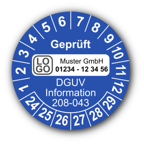 Geprüft DGUV Information 208-043, blau, mit Wunschtext