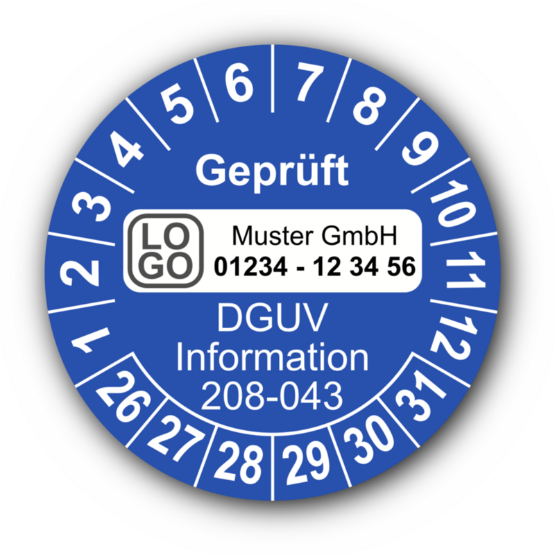 Geprüft DGUV Information 208-043, blau, mit Wunschtext