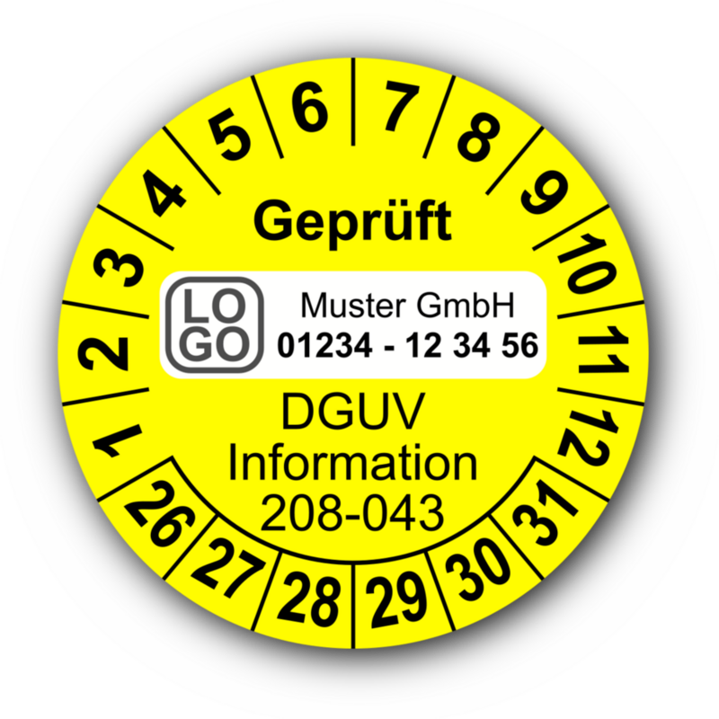 Geprüft DGUV Information 208-043, gelb, mit Wunschtext