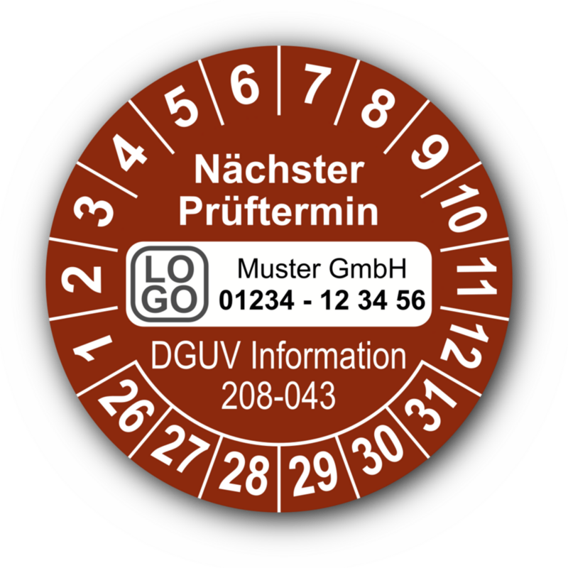 Nächster Prüftermin DGUV Information 208-043, braun, mit Wunschtext