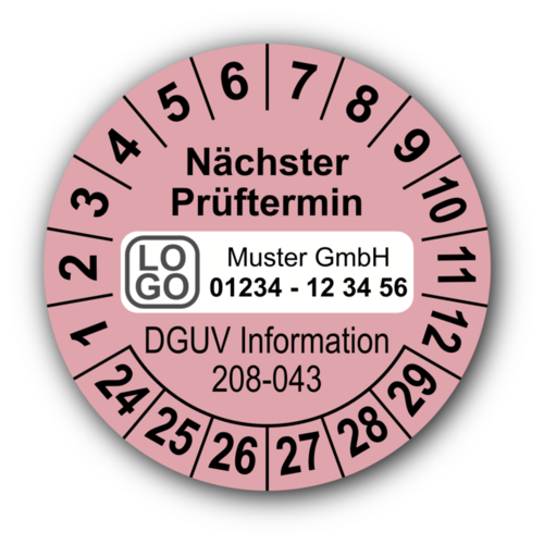 Nächster Prüftermin DGUV Information 208-043, rosa, mit Wunschtext