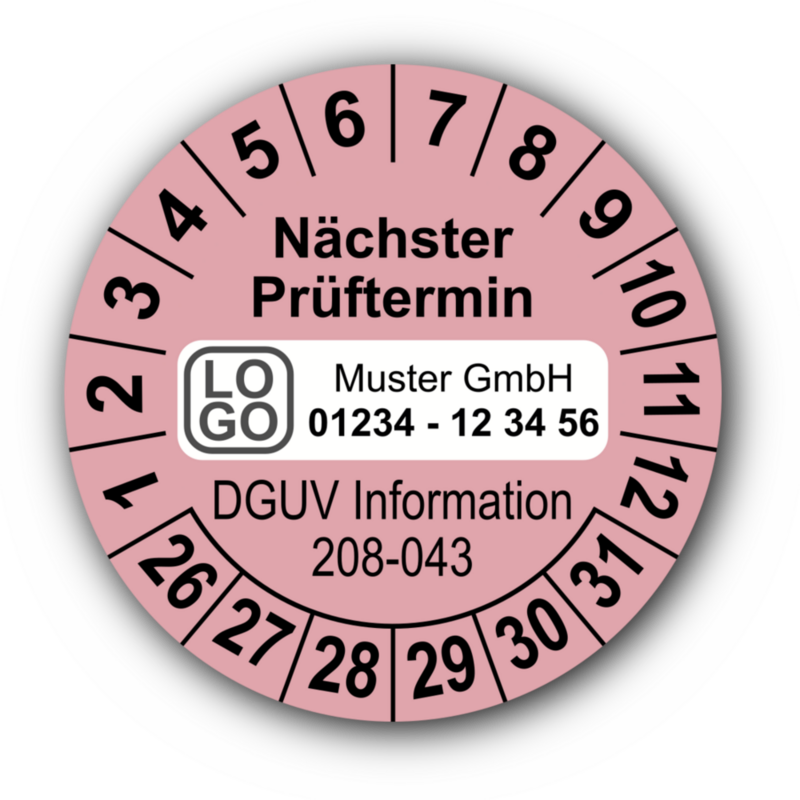 Nächster Prüftermin DGUV Information 208-043, rosa, mit Wunschtext
