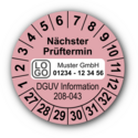 Nächster Prüftermin DGUV Information 208-043, rosa, mit Wunschtext