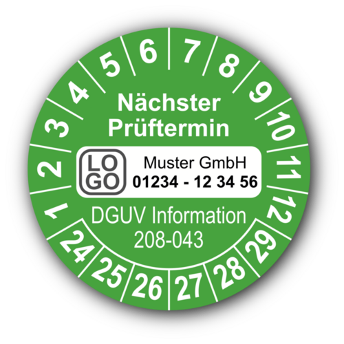 Nächster Prüftermin DGUV Information 208-043, grün, mit Wunschtext