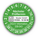 Nächster Prüftermin DGUV Information 208-043, grün, mit Wunschtext