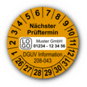 Nächster Prüftermin DGUV Information 208-043, orange, mit Wunschtext
