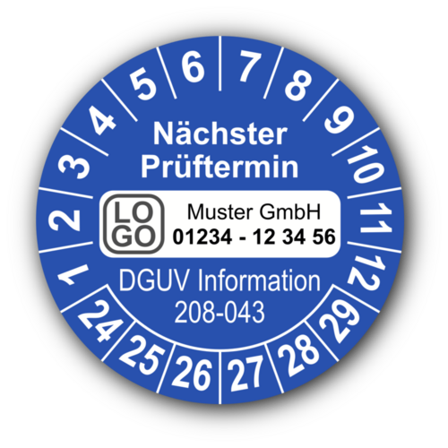 Nächster Prüftermin DGUV Information 208-043, blau, mit Wunschtext