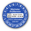 Nächster Prüftermin DGUV Information 208-043, blau, mit Wunschtext