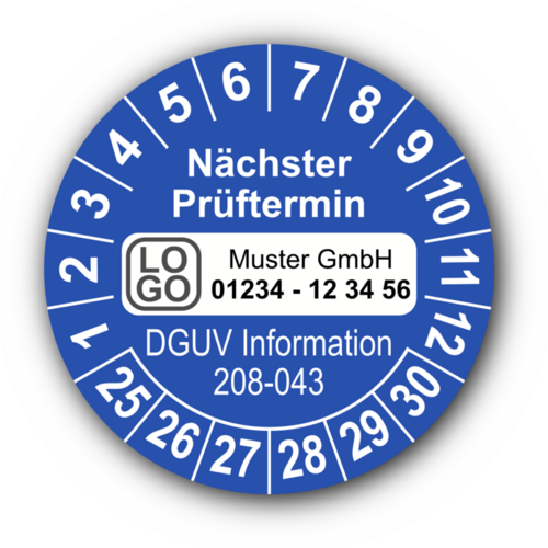 Nächster Prüftermin DGUV Information 208-043, blau, mit Wunschtext