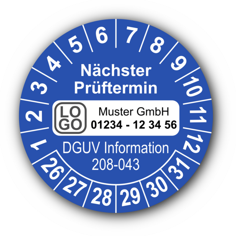 Nächster Prüftermin DGUV Information 208-043, blau, mit Wunschtext