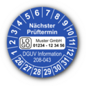 Nächster Prüftermin DGUV Information 208-043, blau, mit Wunschtext