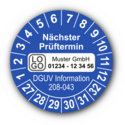 Nächster Prüftermin DGUV Information 208-043, blau, mit Wunschtext