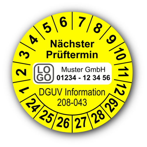 Nächster Prüftermin DGUV Information 208-043, gelb, mit Wunschtext