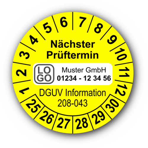 Nächster Prüftermin DGUV Information 208-043, gelb, mit Wunschtext