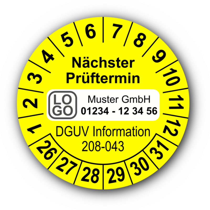 Nächster Prüftermin DGUV Information 208-043, gelb, mit Wunschtext