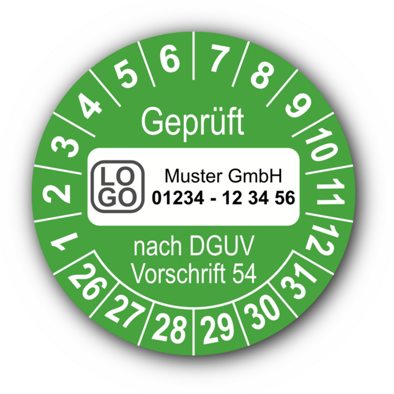 Geprüft nach DGUV Vorschrift 54, grün, mit Wunschtext