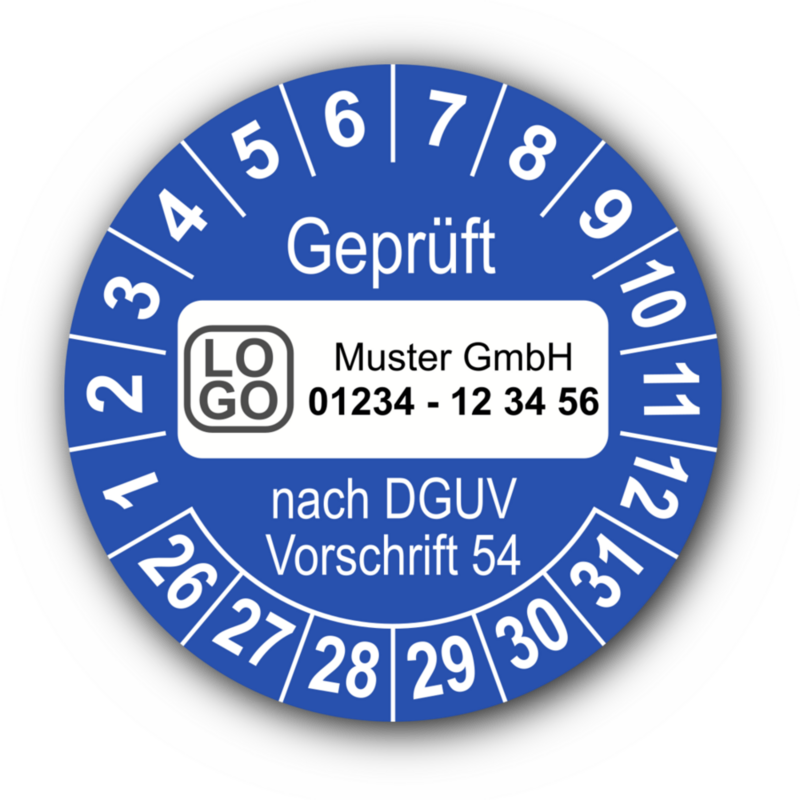 Geprüft nach DGUV Vorschrift 54, blau, mit Wunschtext