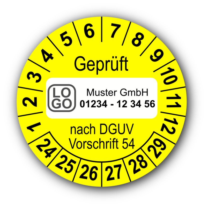 Geprüft nach DGUV Vorschrift 54, gelb, mit Wunschtext