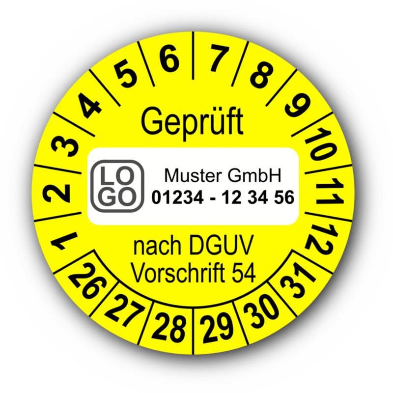 Geprüft nach DGUV Vorschrift 54, gelb, mit Wunschtext