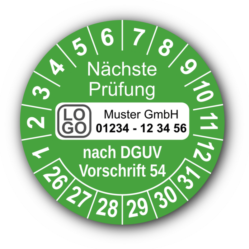 Nächste Prüfung nach DGUV Vorschrift 54, grün, mit Wunschtext