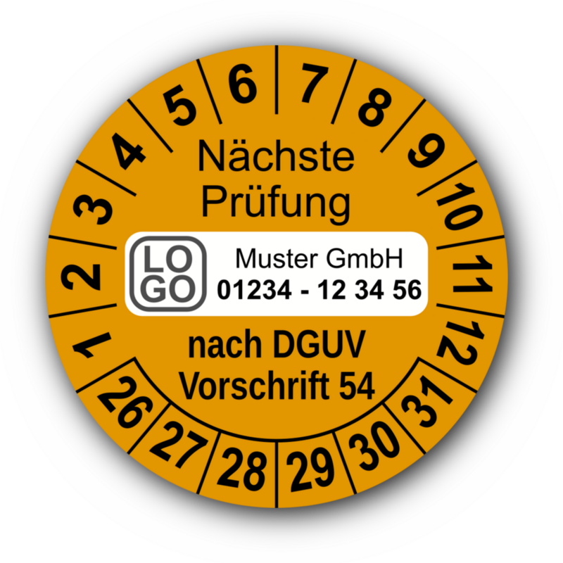 Nächste Prüfung nach DGUV Vorschrift 54, orange, mit Wunschtext