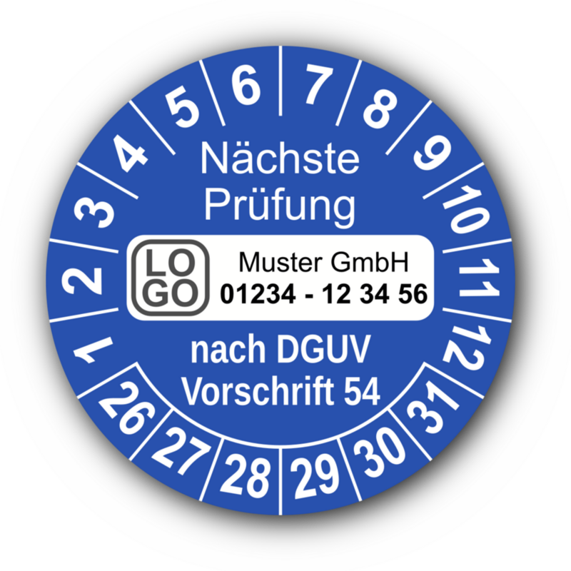Nächste Prüfung nach DGUV Vorschrift 54, blau, mit Wunschtext