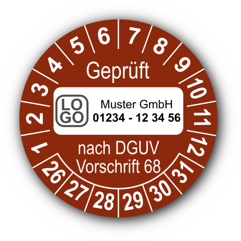 Geprüft nach DGUV Vorschrift 68, braun, mit Wunschtext