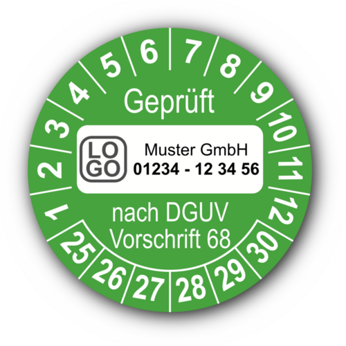 Geprüft nach DGUV Vorschrift 68, grün, mit Wunschtext