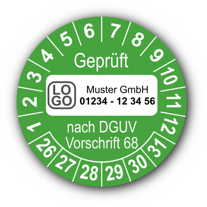 Geprüft nach DGUV Vorschrift 68, grün, mit Wunschtext