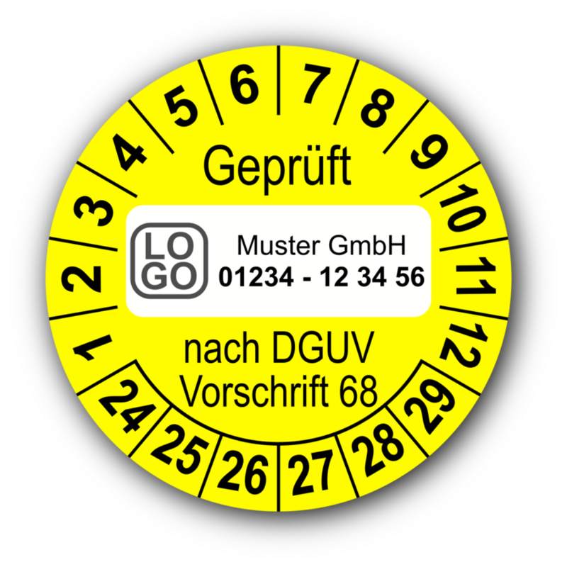Geprüft nach DGUV Vorschrift 68, gelb, mit Wunschtext