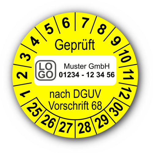 Geprüft nach DGUV Vorschrift 68, gelb, mit Wunschtext