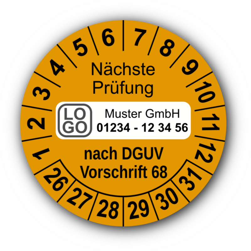 Nächste Prüfung nach DGUV Vorschrift 68, orange, mit Wunschtext