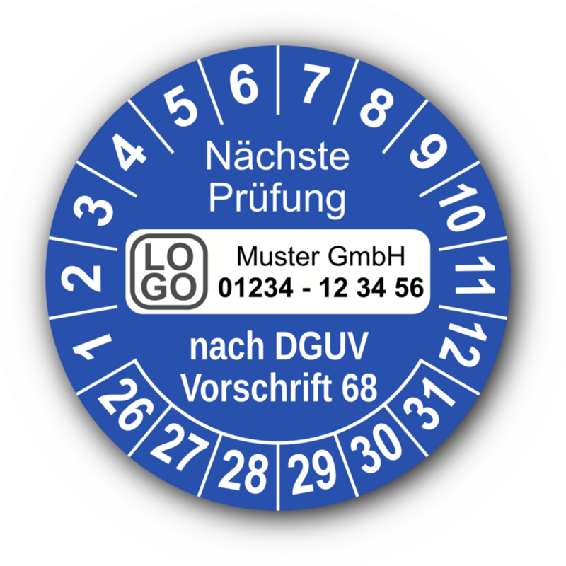 Nächste Prüfung nach DGUV Vorschrift 68, blau, mit Wunschtext