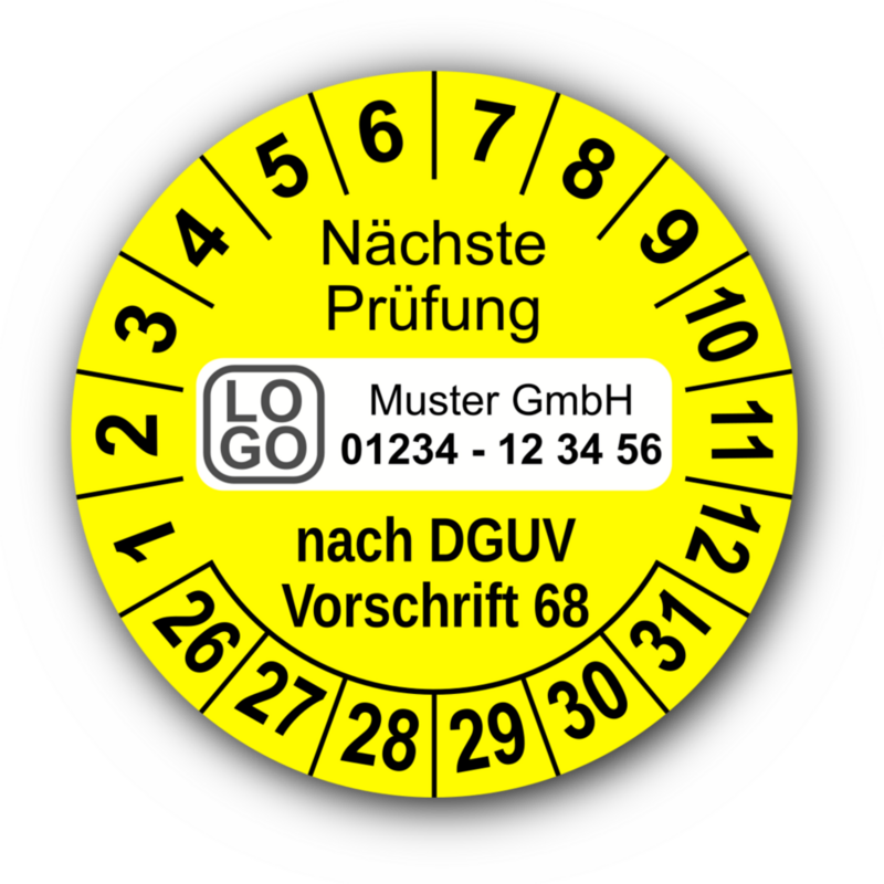 Nächste Prüfung nach DGUV Vorschrift 68, gelb, mit Wunschtext