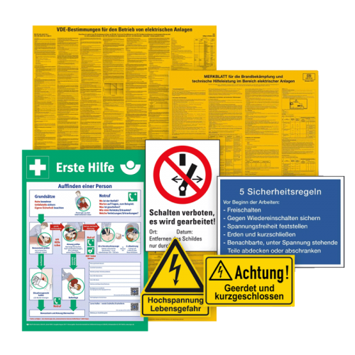 VDE-Bestimmungen gelb für den Betrieb von elektrischen Anlagen 660 x 1000 mm inkl. DIN ISO 7010 Schilder Set