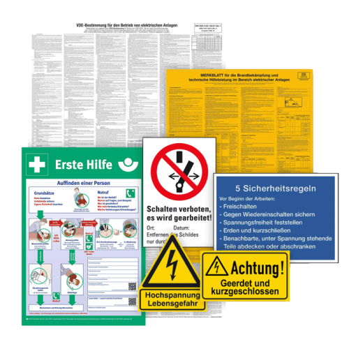 VDE-Bestimmungen weiß für den Betrieb von elektrischen Anlagen 660 x 1000 mm inkl. DIN ISO 7010 Schilder Set