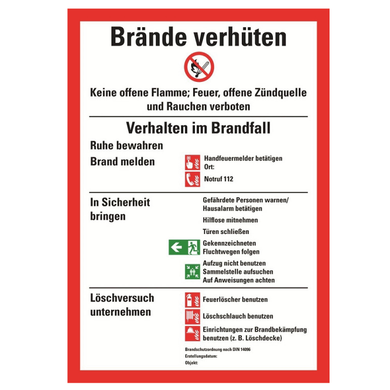Brände verhüten, DIN 14096, Brandschutzordnung Teil A für bauliche Anlagen mit Handfeuermelder