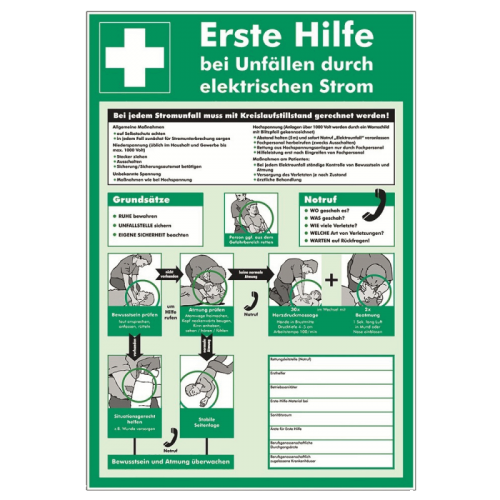 Erste Hilfe bei Unfällen durch elektrischen Strom, praxisbewährt (zum Selbstbeschriften)