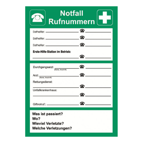 Hinweis „Notfall - Rufnummern“ (zum Selbstbeschriften)
