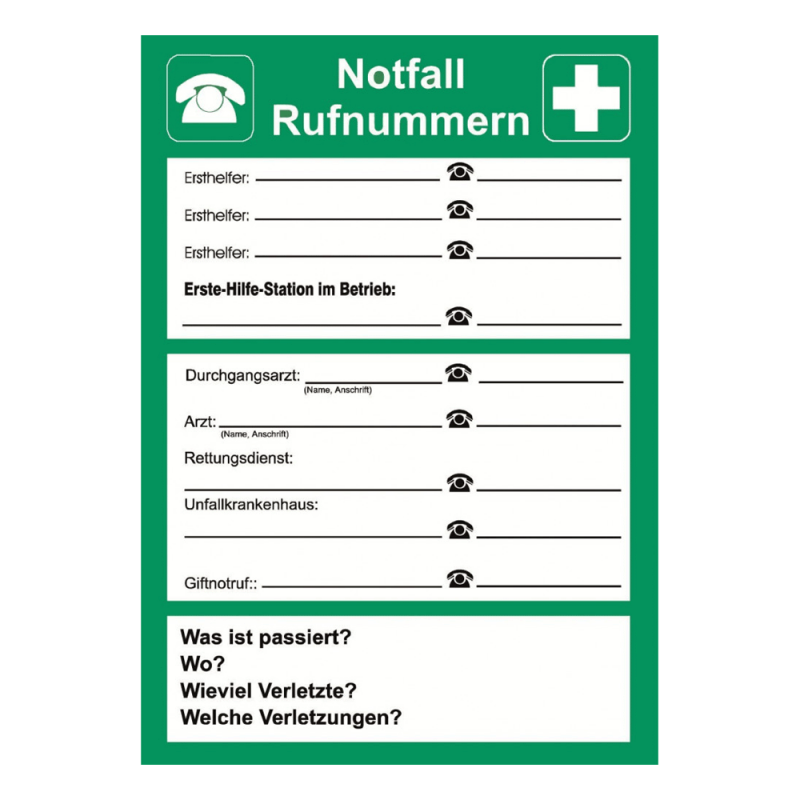 Hinweis „Notfall - Rufnummern“ (zum Selbstbeschriften)
