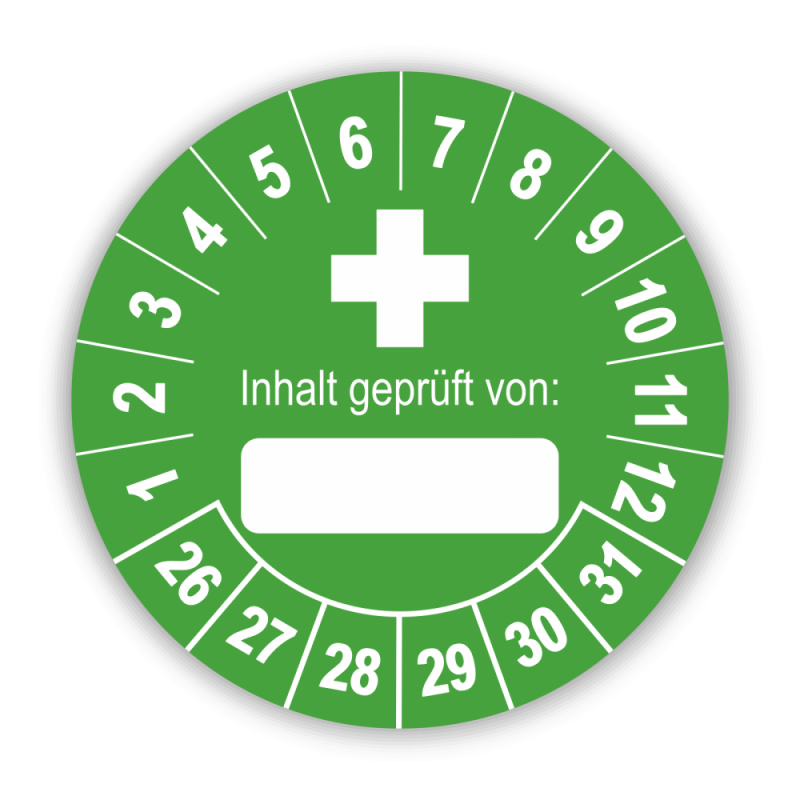 Inhalt geprüft - Prüfplaketten für Erste-Hilfe-Ausrüstungen (zum Selbstbeschriften), grün