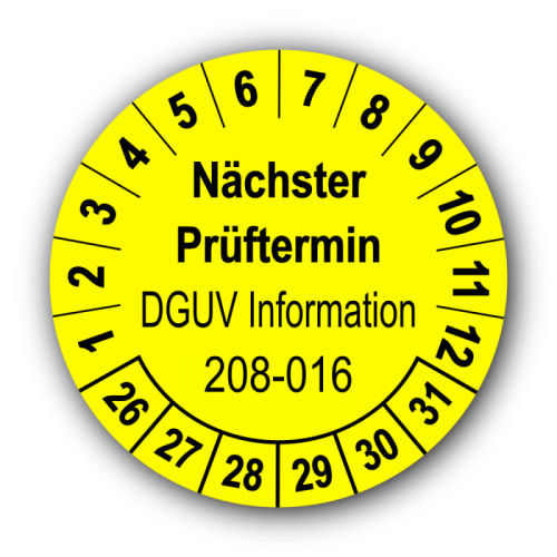 Nächster Prüftermin DGUV Information 208-016, gelb
