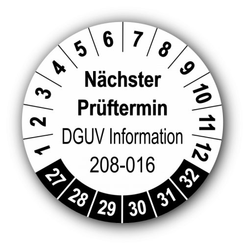 Nächster Prüftermin DGUV Information 208-016, weiß