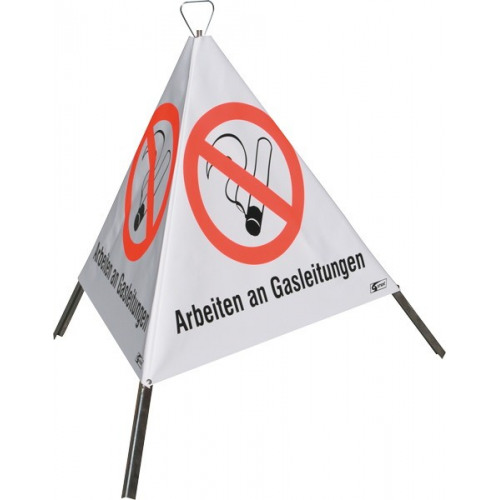 Faltsignal „Arbeiten an Gasleitungen“, mit Symbol „Zigarette“ (P002)