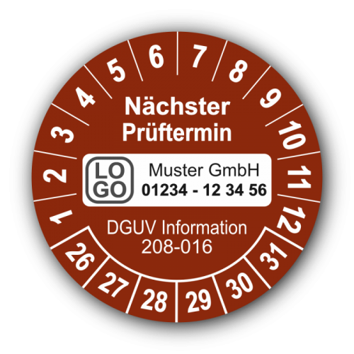 Nächster Prüftermin DGUV Information 208-016, braun, mit Wunschtext