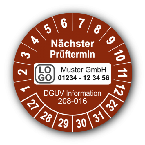 Nächster Prüftermin DGUV Information 208-016, braun, mit Wunschtext