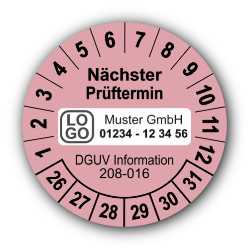 Nächster Prüftermin DGUV Information 208-016, rosa, mit Wunschtext